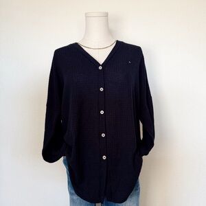 Tommy Hilfiger Women’s Waffle Knit Lightweight Tie Front Blue Cardigan Size M